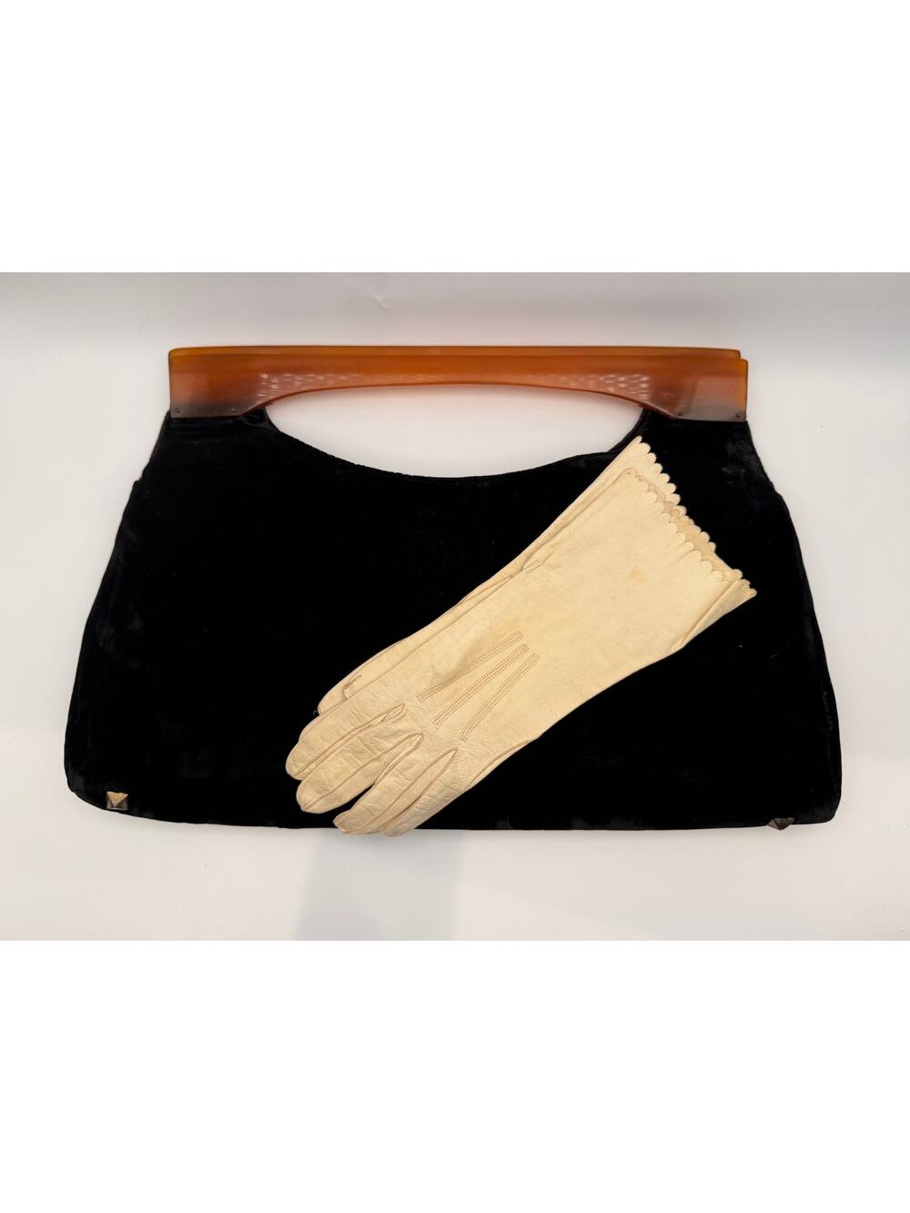 Vintage 1950s Bobbie Jerome Velvet Handbag Purse & Cream Dress Gloves Set